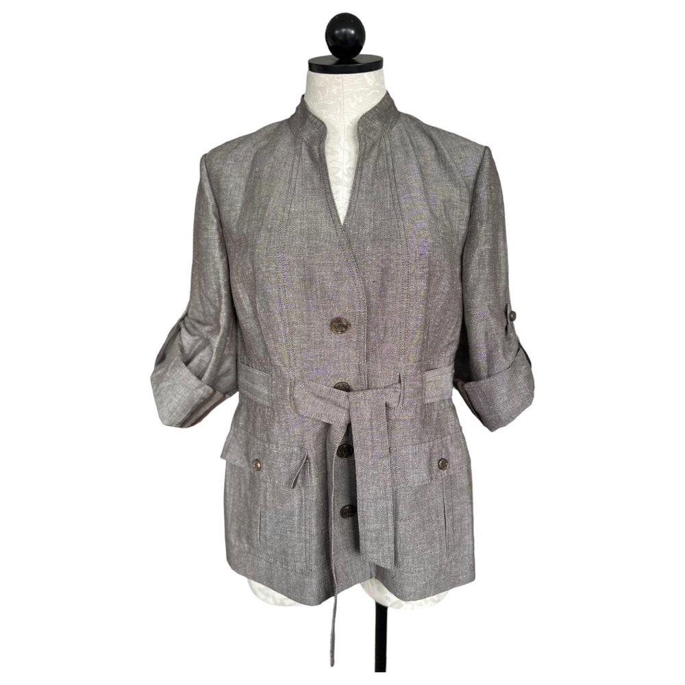Calvin Klein Taupe Jacket Blazer Safari Button Front Tie Waist Roll Up Sleeve 10